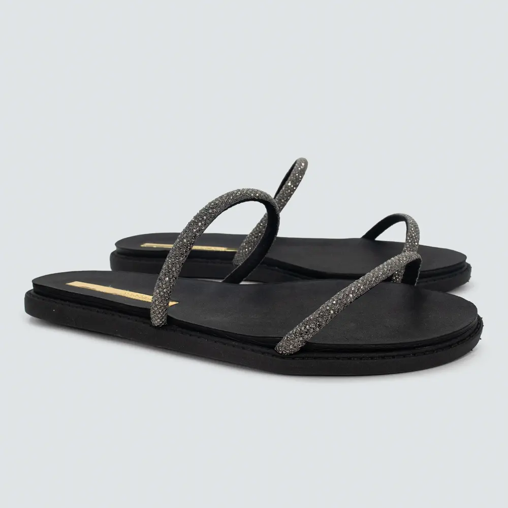 Sandália Rasteira Feminina Com Tiras Finas Brilhantes